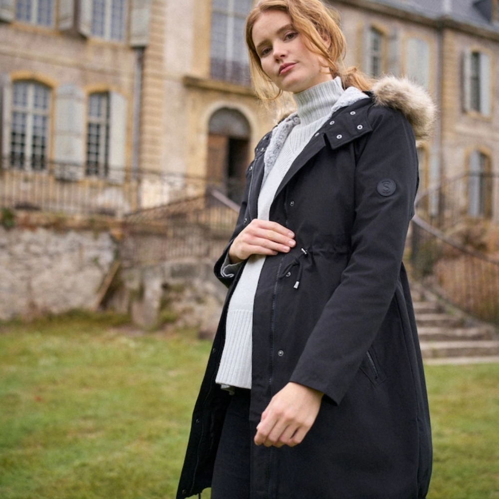Seraphine Black Maternity Parka Jacket with Fur Trim